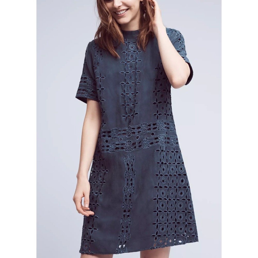 NEW Anthropologie Kas New York Cutwork Lizette Dress Dark Teal Embroidered Sz 4